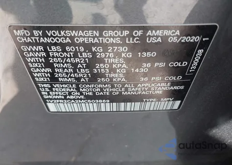 2021 Volkswagen Atlas 3.6L V6 Sel Premium R-Line z USA, uszkodzony, nr VIN 1V2FR2CA2MC503869
